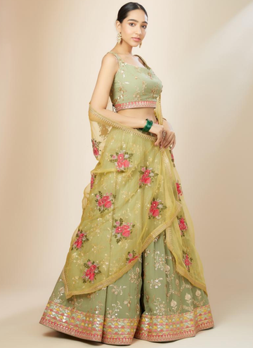 Prettiest Sequence Embroidered Pista Green Georgette Lehenga Choli